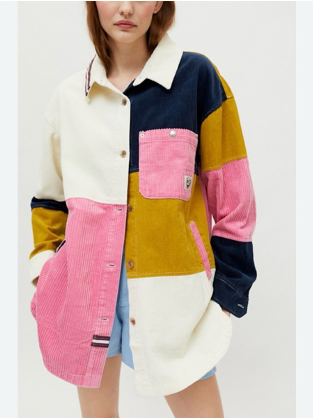BDG Colorblock Corduroy Overshirt Jacket in Pink, Mustard, Navy & Cream SZ S